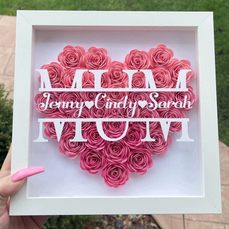 Mum Heart Shaped Monogram Flower Shadow Box Gift For Mothers
