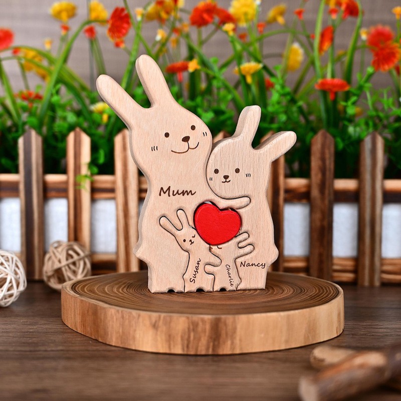 Personalized Wooden Bunny Family Puzzle with Names for Mum