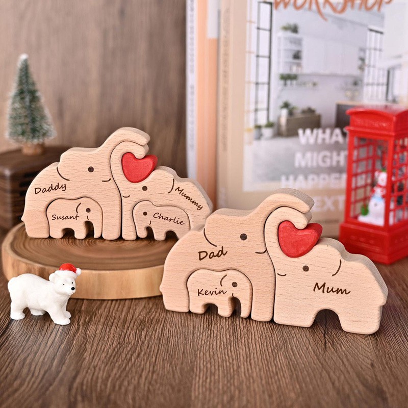 Personalized Wooden Elephant Family Puzzle with Names for Mum