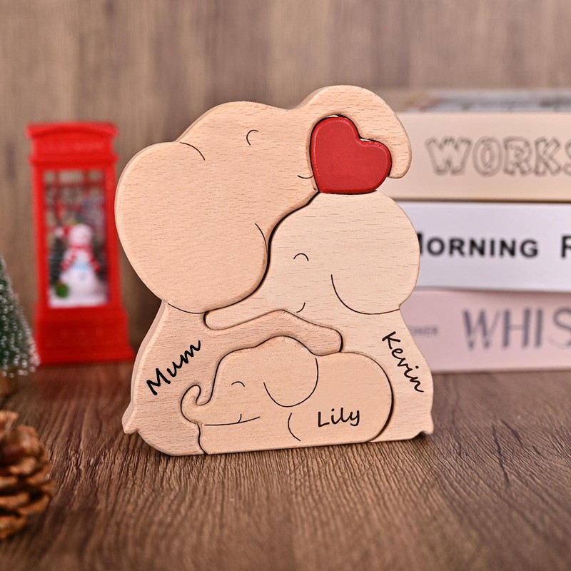 Personalized Wooden Mum and Baby Elephant Puzzle with Names for Mum