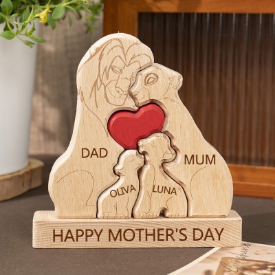 Personalized Wooden Lion Family Puzzle with Names for Mum